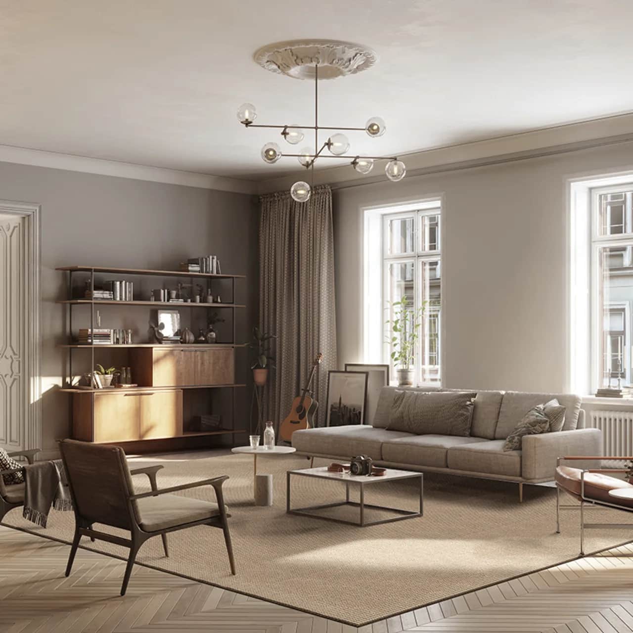 Tobago natural jute rug in midcentury modern living room