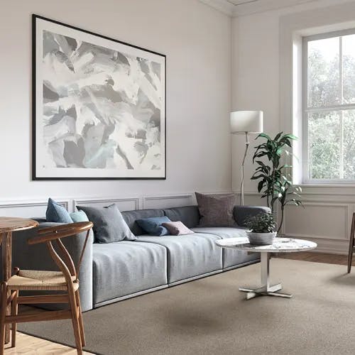 Lassen Almond wool area rug in modern living room