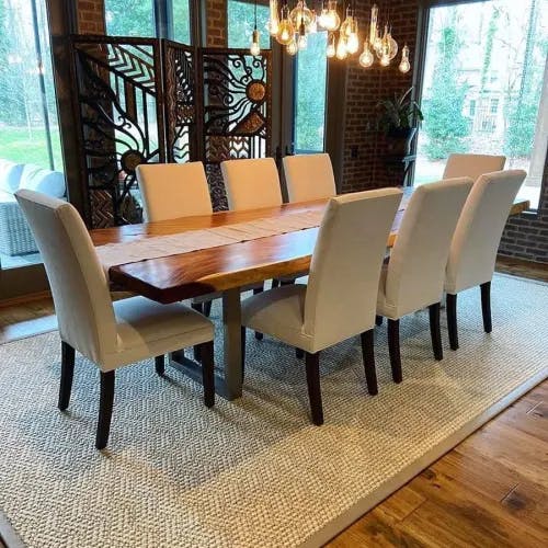 star of the show: scotland custom area rug in dining room
image provided courtesy of @linaycarpetinteriors
