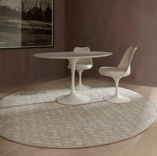 enduring design: bahia as a circular dining area rug in color turtledove