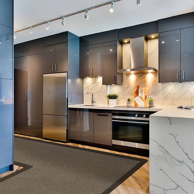 high end customization: langley as a stunning L-shaped kitchen runner (shown in color smoke with khaki polyester binding)