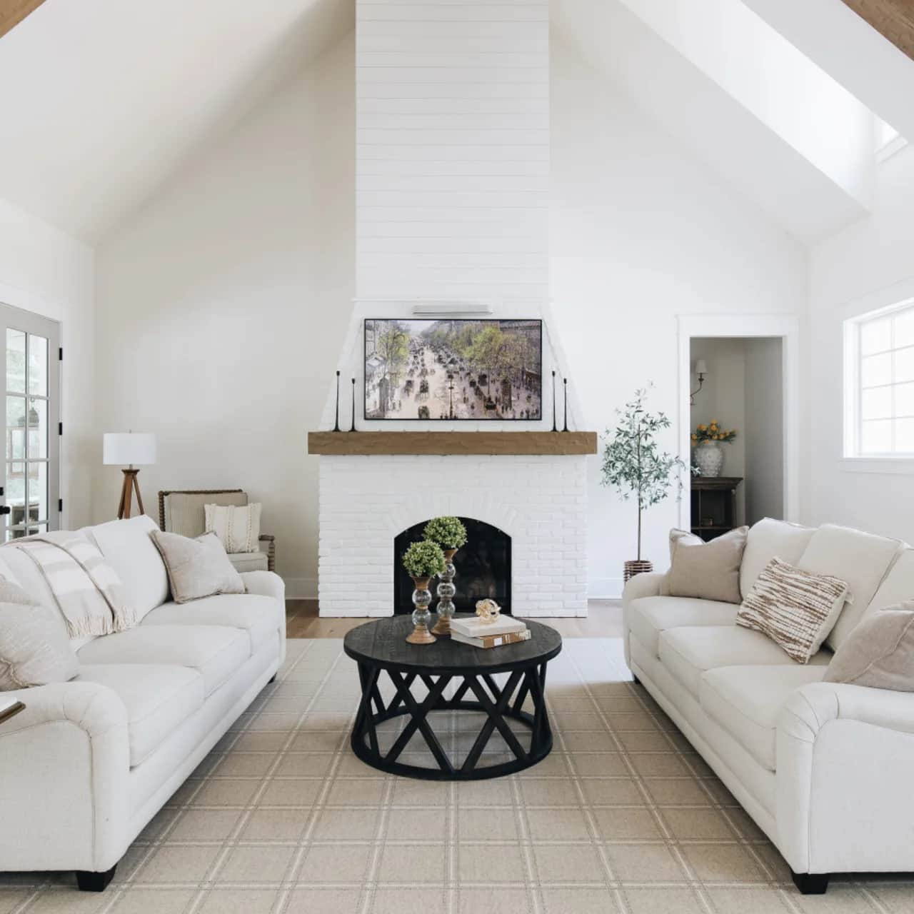 Nessie Beige White area rug in rustic farmhouse living room