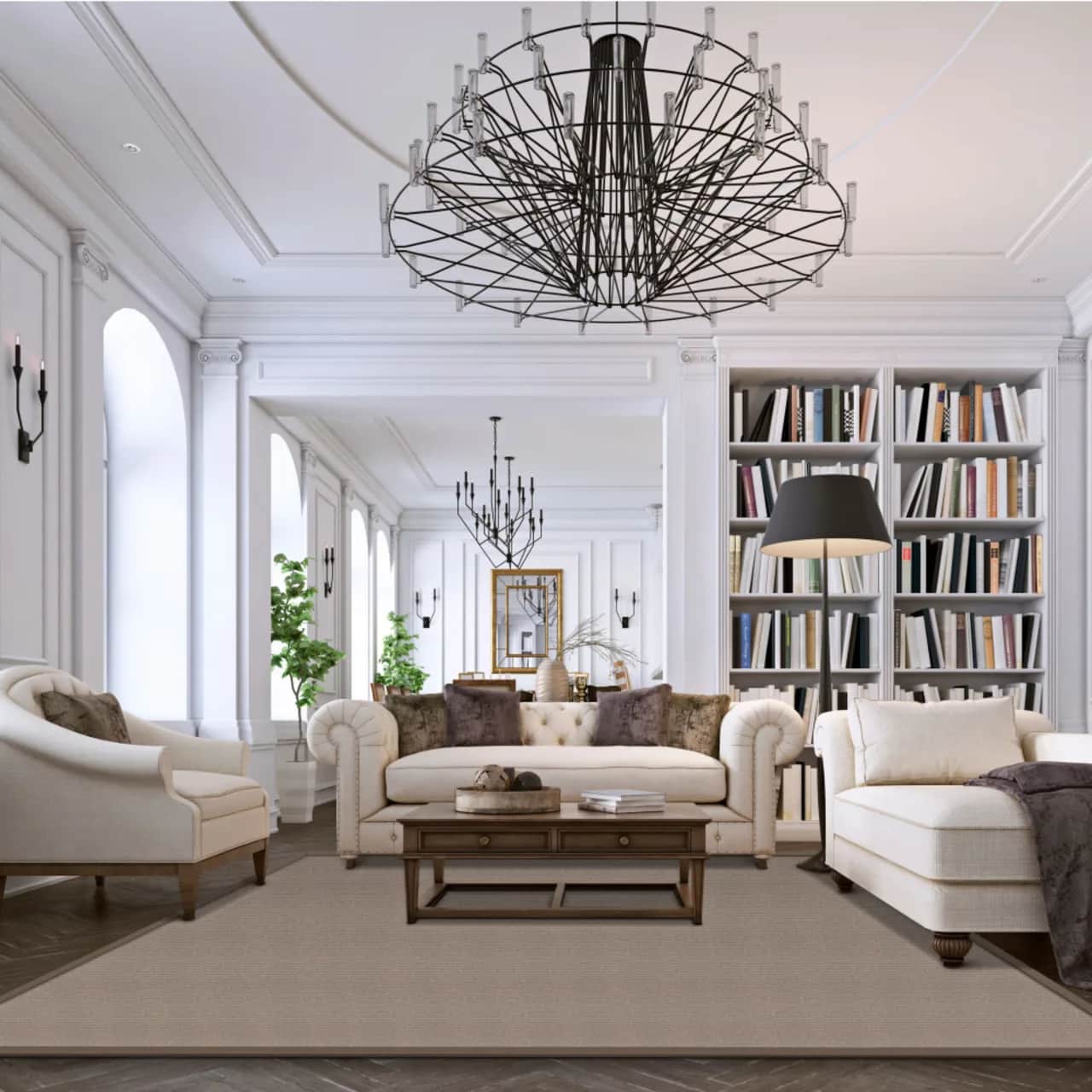 Dublin Putty synthetic area rug in elegant living room